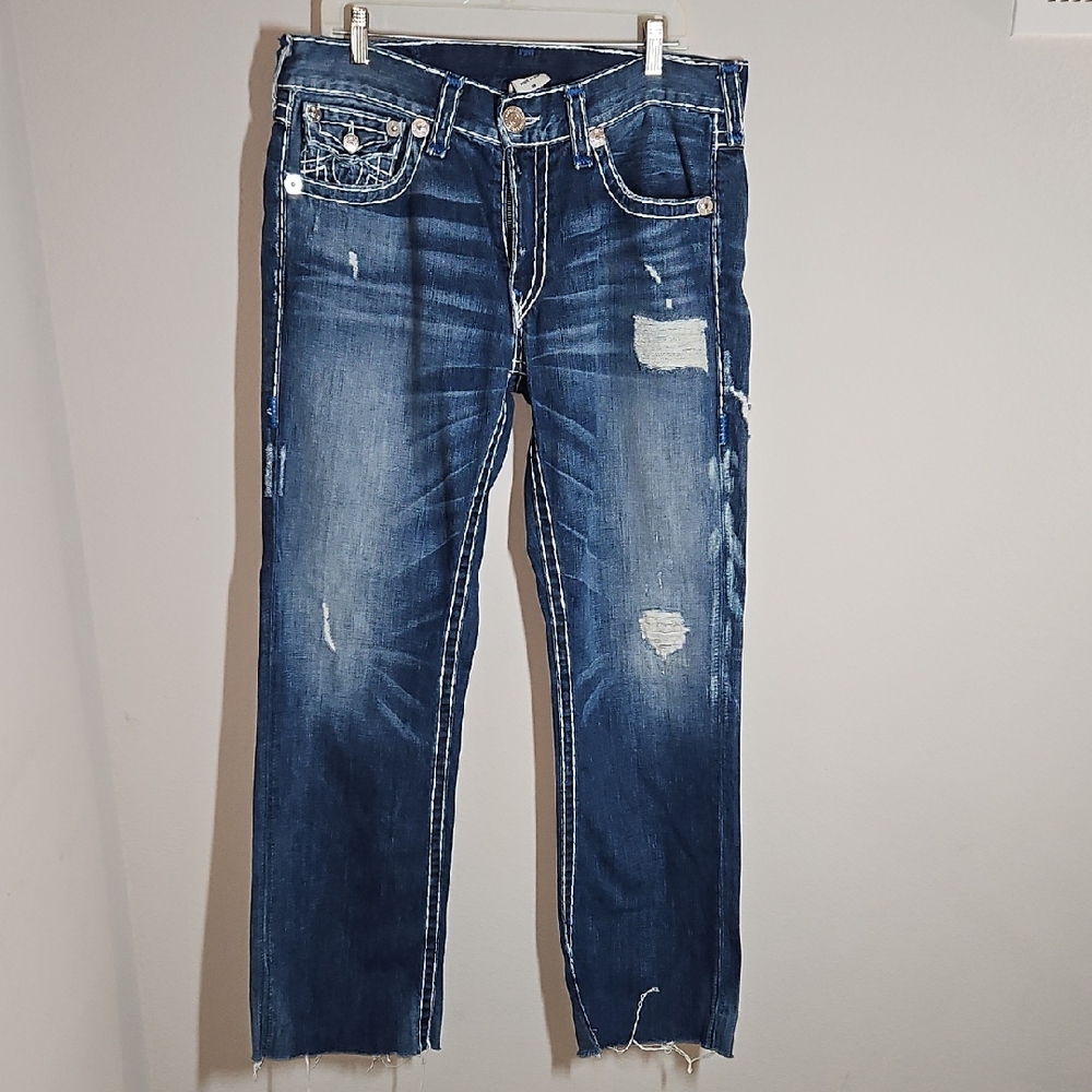 True Religion Size 36 'Ricky' Super T Distressed Blue Jeans